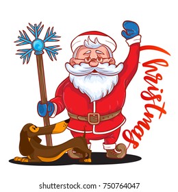 Funny cartoon Santa Claus with magic stick in his hand and brown Dachshund - symbol of the new year. Colored Santa Claus isolated on white background. Vector illustration. Perfect for greetting cards