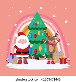 Funny cartoon Santa Claus, Reindeer with Decorated tree, rainbow, presents and candy celebrating Christmas and New Year background.  Cute winter holiday greeting card for children, kids.