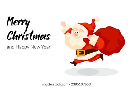 Funny cartoon Santa Claus running with red gifts sack. Christmas card with Santa bag. Christmas and New Year vector illustration posters, gift tags, sale flyer, label.