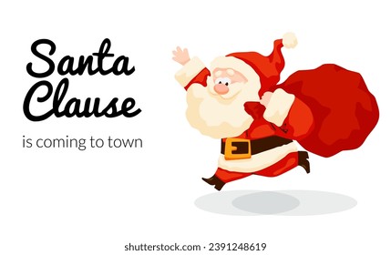 Funny cartoon Santa Claus running with red gifts sack. Christmas card with Santa bag. Christmas and New Year vector illustration posters, gift tags, sale flyer, label.