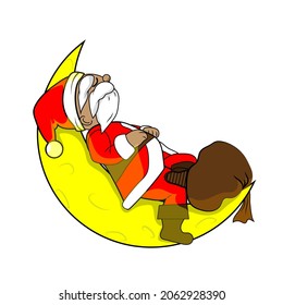 Funny cartoon Santa Claus sleep no the moon