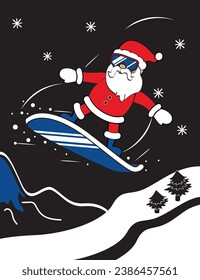 Funny cartoon Santa Claus snowboarding. Christmas vector illustration.