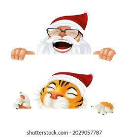 Funny cartoon Santa Claus and Tiger - symbol of the year by Chinese calendar. Laughing and smiling Christmas characters peeking from behind the horizontal corner or a sign isolated on white background