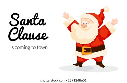 Funny cartoon Santa Claus waving and smile.. Christmas card with Santa . Christmas and New Year vector illustration posters, gift tags, sale flyer, label.