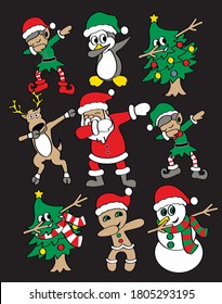 Funny cartoon Santa, Cristmas tree, elfs, snowman, penguin and cookies make DAB move, dancing hip hop style. Christmas vector illustration.