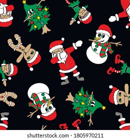 Funny cartoon Santa, Cristmas tree, elf, snowman and cookies make DAB move, dancing hip hop style. Christmas seamless pattern. Vector illustration