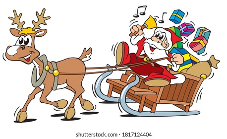 funny cartoon santa driving a reindeer sledge, transporting a big sack and a lot of gifts, waving and ring his bell