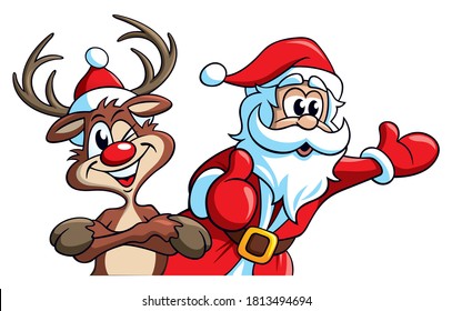 funny cartoon of santa and his reindeer smiling and amazed presenting something at christmas