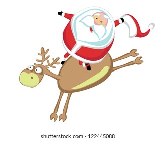 Funny cartoon Santa riding a reindeer