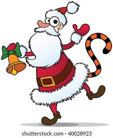 Funny cartoon Santa with tiger tail from the coat and the bell in left hand. Happy Tiger year!