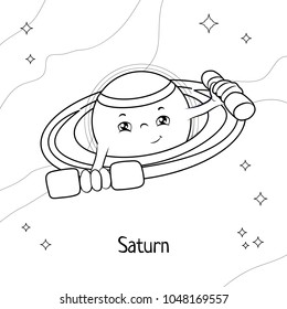 Funny cartoon Saturn. Black and white vector illustration for children's coloring book