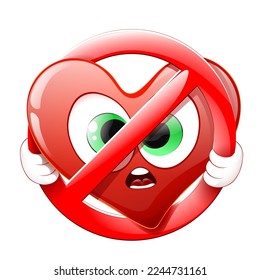 Funny cartoon scared heart in STOP sign. Concept.