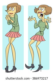 Funny cartoon of scared, terrified woman trembling and screaming from fear, two different poses.