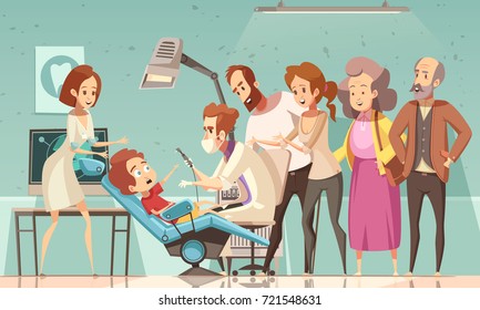 Funny cartoon scene in dentist office with doctor nurse baby in armchair his parents and grandparents vector illustration