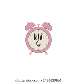 Funny cartoon school bell alarm clock lesson class change vector illustration isolated on white. Groovy hand drawn back to school education print poster postcard design.