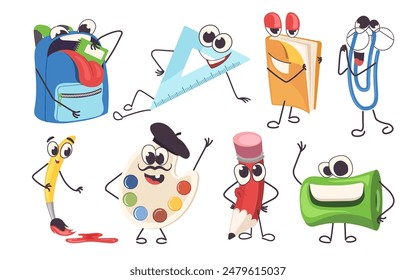 Funny cartoon school item cute mascot characters with writing, reading and creating accessories set