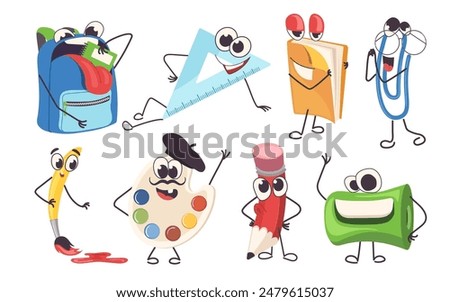 Funny cartoon school item cute mascot characters with writing, reading and creating accessories set