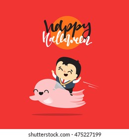 Funny cartoon schoolboy character and ghosts. Doodle cute characters for holiday happy Halloween. Children and mythical creatures. Icon Isolated vector illustration