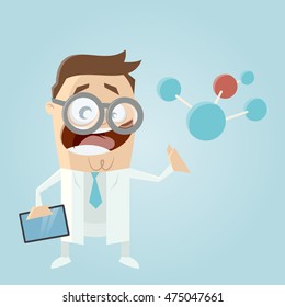 funny cartoon scientist with big molecule and tablet 
