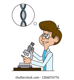 Funny cartoon scientist at the microscope.