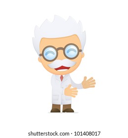 funny cartoon scientist in various poses for use in advertising, presentations, brochures, blogs, documents and forms, etc.