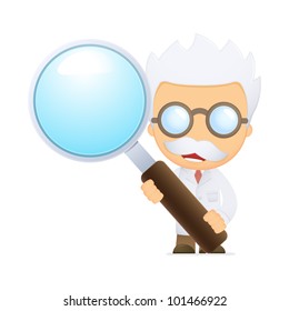 funny cartoon scientist in various poses for use in advertising, presentations, brochures, blogs, documents and forms, etc.