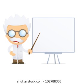 funny cartoon scientist in various poses for use in advertising, presentations, brochures, blogs, documents and forms, etc.