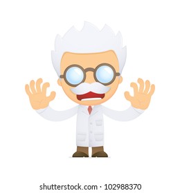 funny cartoon scientist in various poses for use in advertising, presentations, brochures, blogs, documents and forms, etc.