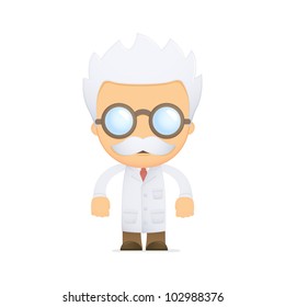 funny cartoon scientist in various poses for use in advertising, presentations, brochures, blogs, documents and forms, etc.