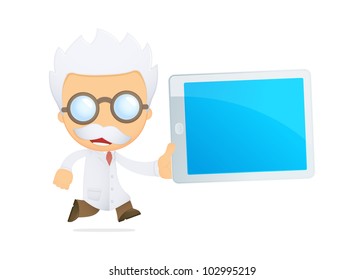 funny cartoon scientist in various poses for use in advertising, presentations, brochures, blogs, documents and forms, etc.