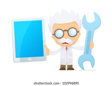funny cartoon scientist in various poses for use in advertising, presentations, brochures, blogs, documents and forms, etc.