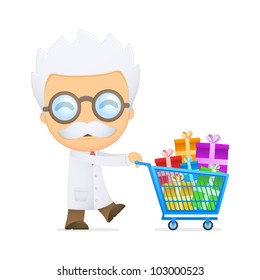 funny cartoon scientist in various poses for use in advertising, presentations, brochures, blogs, documents and forms, etc.
