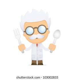 funny cartoon scientist in various poses for use in advertising, presentations, brochures, blogs, documents and forms, etc.