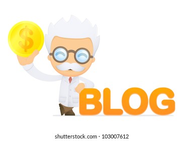 funny cartoon scientist in various poses for use in advertising, presentations, brochures, blogs, documents and forms, etc.
