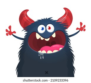 Funny cartoon screaming monster character waving hands. Illustration of happy mythical alien creature. Halloween party design. Vector isolated