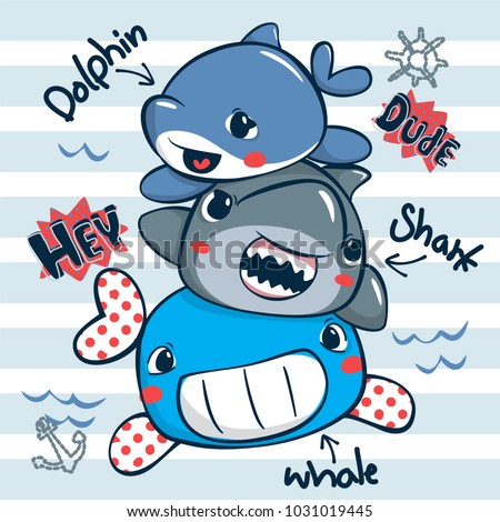 Funny cartoon sea animals with whale, shark and dolphin on striped background illustration vector.