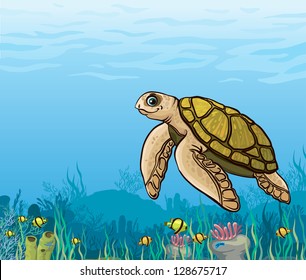 Funny cartoon sea turtle and coral reef with yellow fish. Underwater life.