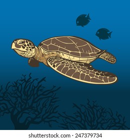 Funny cartoon sea turtle. Vector illustration