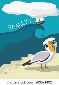 Funny cartoon seagull, big wave, cloud, boat and inscription "Really ?"