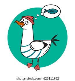 Funny cartoon seagull, dreaming.