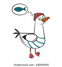 Funny cartoon seagull, dreaming.