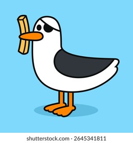 Gaivota de desenho animado engraçado com desenho de fritura francesa. Gaivota de mar com tapa-olho pirata roubou batata chip. Ilustração de rabisco vetorial.