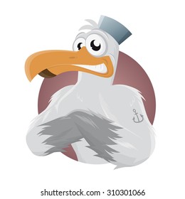 funny cartoon seagull with hat and anchor tattoo