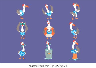 Funny cartoon seagull showing different actions and emotions set, cute comic bird characters