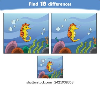 Funny cartoon seahorse. Find 10 differences. Kids Education games. Cartoon vector illustration