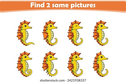 Funny cartoon seahorse. Find two same pictures. Educational game for children. Cartoon vector illustration