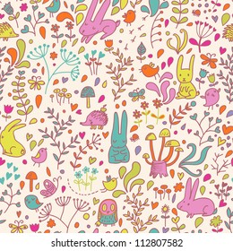 Funny cartoon seamless forest pattern for children background. Rabbits, birds, hedgehog, mushrooms, owl and butterflies