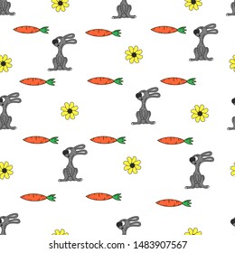 Funny cartoon seamless pattern for children background. Rabbits, carrots, flower