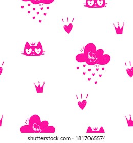 Funny cartoon seamless pattern with cloud, crawn, cat face,hearts. Childish scetch illustration repeat print for textile, clothes, wrapping paper.