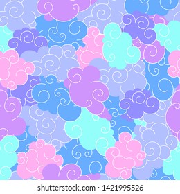 Funny cartoon seamless pattern of clouds of different shapes with beautiful curves and shapes.Tight pattern without gaps for a childrens print and to create flat style illustration. Blue, pink, purple